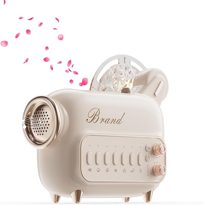 6 in 1 Air Humidifiers for Bedroom Baby, 120 ML Essential Oils Diffusers for Home Office, Ultrasonic Cool Mist Humidifier with Bluetooth Speaker, Projector Light, White Noise, Timer (M8-Cream)