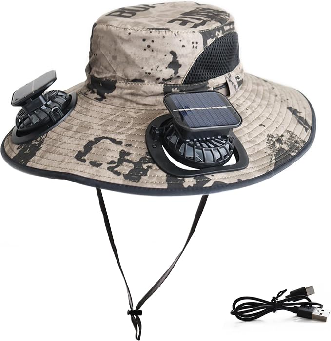 Solar Fan Hat Rechargeable 2Detachable Solar Fans,Water-Repellent Wide Brim Bucket Hat, Outdoor Camping Hiking Golf Sun Hat