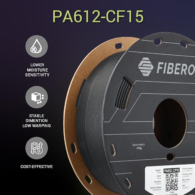 Polymaker Fiberon PA612-CF15 Carbon Fiber Nylon Filament 1.75mm Black 0.5kg, Fiberon PA612-CF15 Strong & Low Moisture Sensitive Nylon 1.75mm 3D Printing Filament