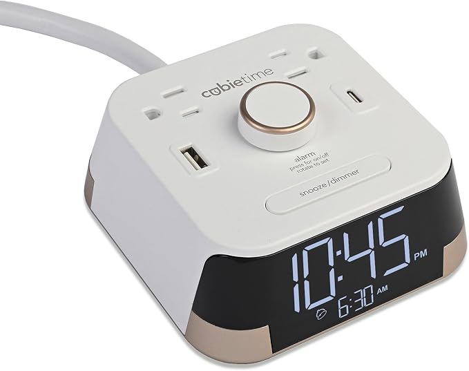 Brandstand | CubieTime White | User Friendly & Convenient Charging Alarm Clock | 1 USB-A and 1 USB-C | 2 Tamper Resistant Outlets | Safety Tested- Meets UL Standards