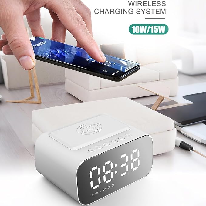 IHAO 7in1 Multifunctional Digital Alarm Clock with 15W Fast Wireless Charger Bluetooth Speaker LED Display Clock FM Radio TF Card, AUX Input, USB Port Dual Alarm for Bedroom and Office-BT510 White