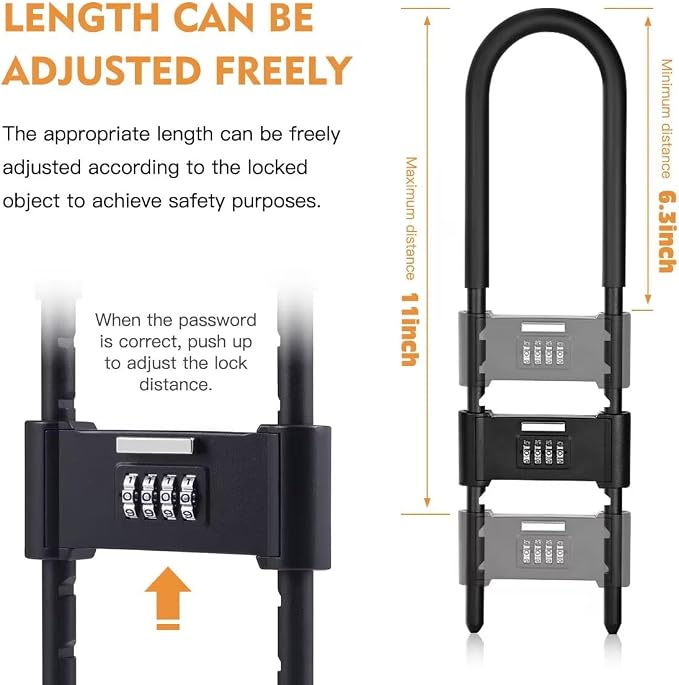 Long Shackle Padlock -U-Lock-Bike Combo U-Lock - Four-Position Combination Padlock -with Adjustable Shackle - Suitable for Bicycles, e-Bikes, Mountain Bikes, Glass Doors