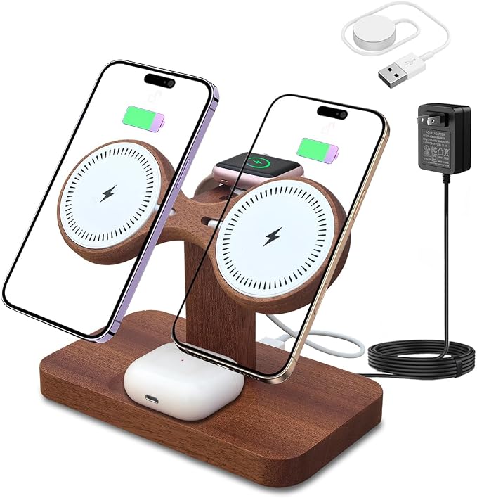 3 in 1 Wireless Charging Station for Apple Devices 24W Dual Phone Charging Station for 2 iPhone 17 16 15 14 13 12 Series iWatch 11 10 9 8 7 6 5 4 AirPod Magnetic Wireless Phone Charger Stand