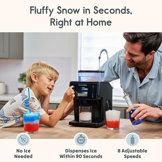 Shaved Ice Machine, Culvani Snowlux Snow Cone Maker — No Ice Cubes Needed, 8 Speeds, Self-Cleaning, 44 lbs/Day Stainless Steel Roller, Countertop Frozen Drink & Slushy Maker, Bingsu Machine for Home