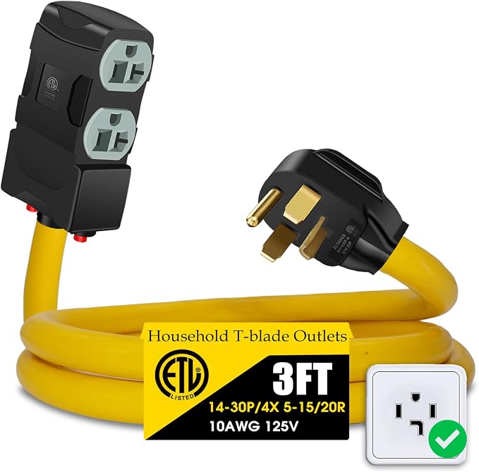 30Amp to 20Amp 110V Adapter, Compatible with NEMA 14-30P to 4X 5-20R/15R with 20 Amp Circuit Breaker, 240V to 120V Dryer Power Distribution Adapter (3 FT)