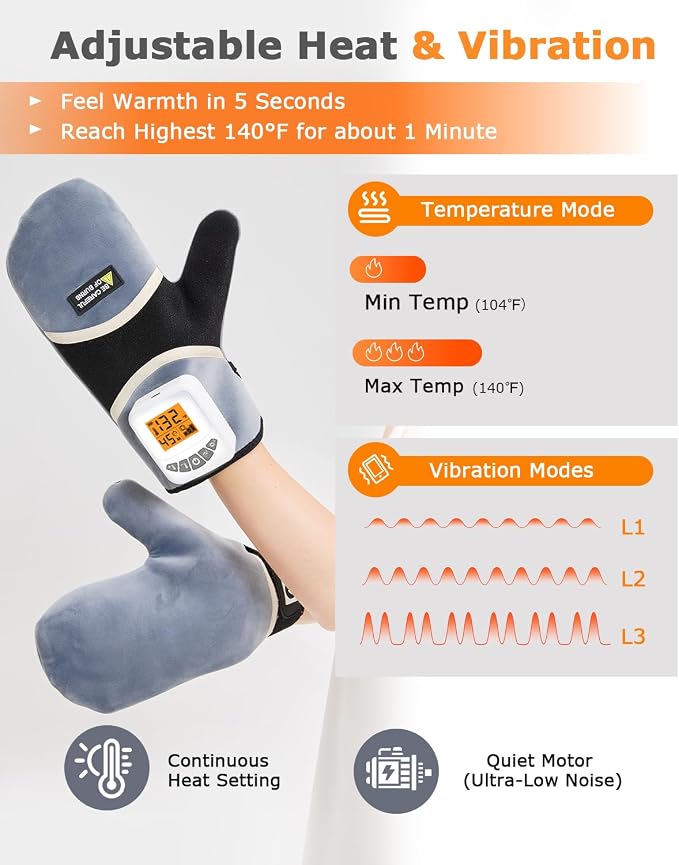 Cordless Heated Gloves for Arthritis Hands, 2PCS Rechargeable Hand Warmers Mittens for Carpal Tunnel, 3-Level Vibration, 104-140℉ Adjustable Temp, 30/45/60Mins Timer, Type-C Cable & Storage Bag