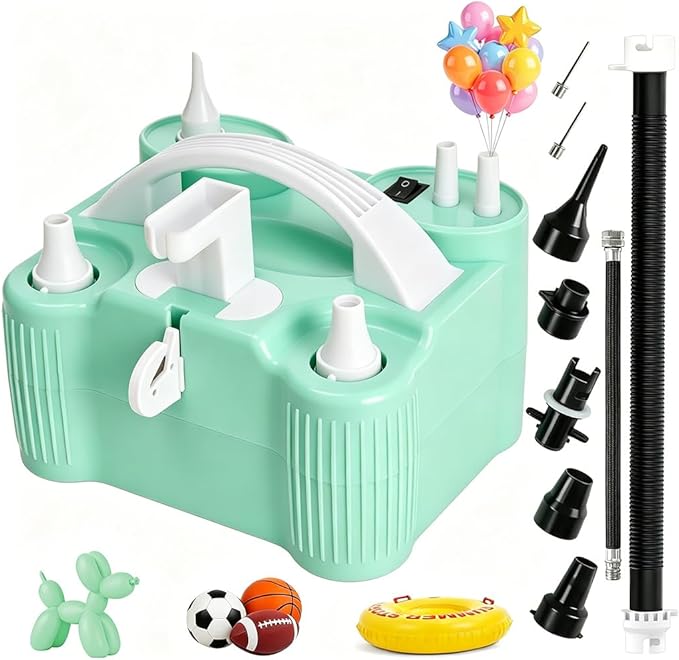 4-in-1 Electric Balloon Pump for All Balloons, Portable Triple Inflating Ports Air Pump, 600W High Power Balloon Blower for Latex Foil 260q Mylar Balloon, Air Beds Pool Float Sports Balls