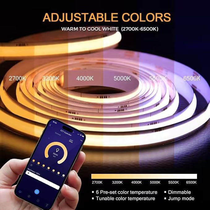 COB LED Strip Lights, CCT Tunable White LED Tape Light 32.8ft/10m, 2700K-6500K, CRI90+, 24V Dimmable LED Strips Kit with Bluetooth APP Control, for Bedroom, Kitchen, DIY Lighting.