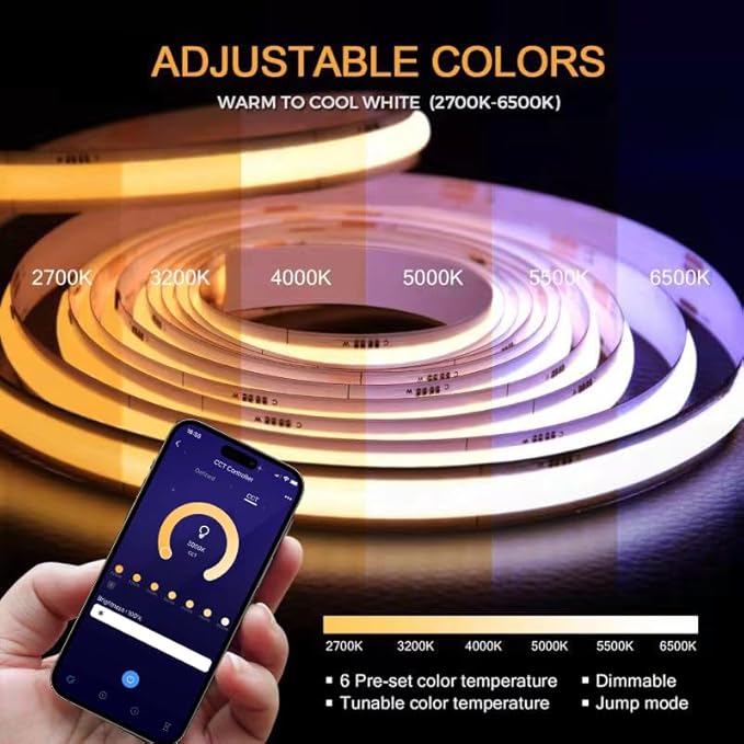 COB LED Strip Lights, CCT Tunable White LED Tape Light 16.4ft/5m, 2700K-6500K, CRI90+, 24V Dimmable LED Strips Kit with Bluetooth APP Control, for Bedroom, Kitchen, DIY Lighting.