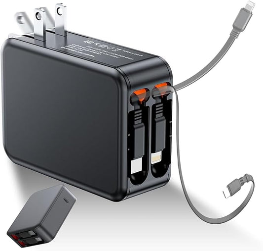 Retractable Wall Charger with Dual Cables,3 in 1 PD 62W USB C Fast Charging with Foldable Plug for iPhone 16/15/14/13/12/11 Series, Pad, LG, Samsung and More