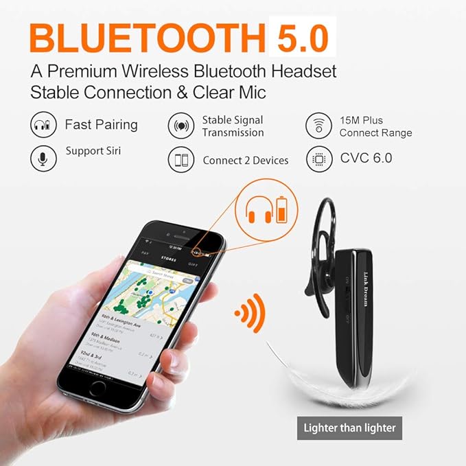 Link Dream Bluetooth Earpiece for Cell Phone Hands Free Wireless Headset Noise Cancelling Mic 24Hrs Talking 1440Hrs Standby Compatible with iPhone Samsung Android for Driver Trucker (2 Pack)