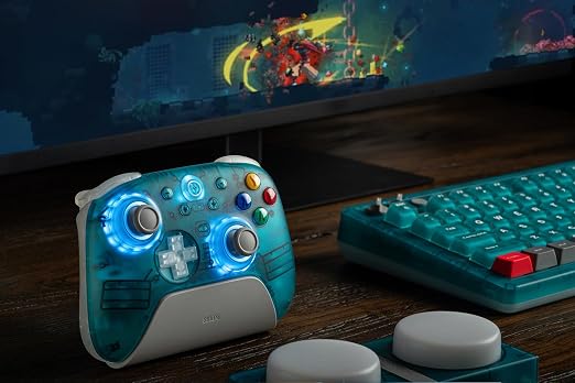 8BitDo Ultimate 2 Wireless Controller for Windows PC, Apple, Steam & Android, Gaming Controller with TMR Joysticks, Hall/Tactile Triggers, Motion Control, RGB Fire Ring, 1000Hz Polling Rate, Clear Blue