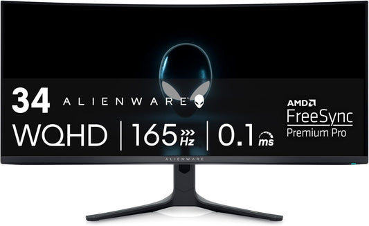Alienware AW3423DWF Curved QD-OLED Gaming Monitor - 34-inch Quantum Dot OLED 0.1Ms 165Hz 21:9 Curved Display, 99.3% DCI-P3 Color Gamut, VESA DisplayHDR True Black 400, AMD FreeSync Premium Pro - Black