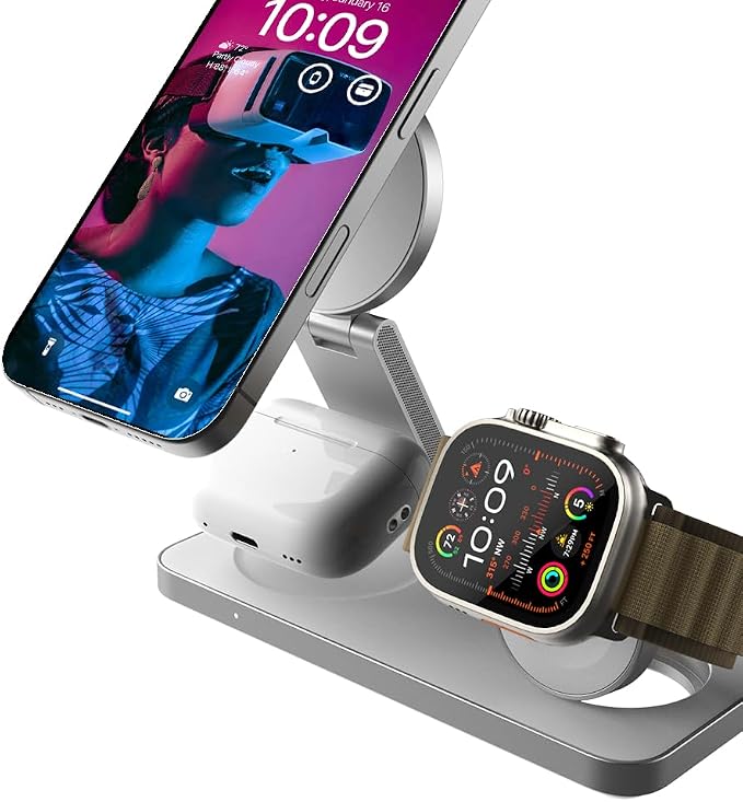 POUT Hands 7 PRO 3-in-1 Foldable Qi2 15W Wireless Charging Stand, Adjustable Angles, Compatible with MagSafe, for iPhone 17–12 Series, AirPods Pro/4/3, Apple Watch Ultra/SE/Series – Platinum White