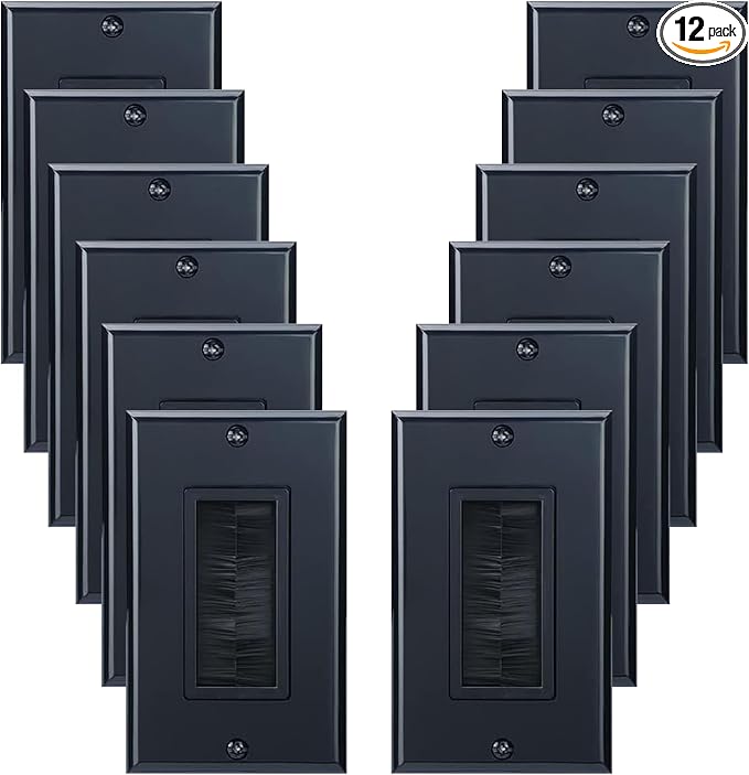 1 Gang Brush Wall Plate Decora Style black Brush Wall for Passing Through Speaker Wires/Coaxial/HDMI/Network/Phone/Audio/Video Cables, Pack of 12, Black, 24 Screws Included