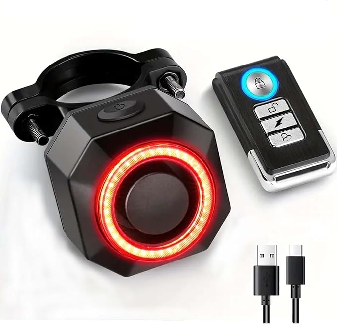 Bike Tail Light,Anti-Theft Bicycle Alarm Horn Wireless Remote Control USB Charging Smart Auto Brake Sensing IP65 Waterproof 110db Electronic Alarm Bell, Black