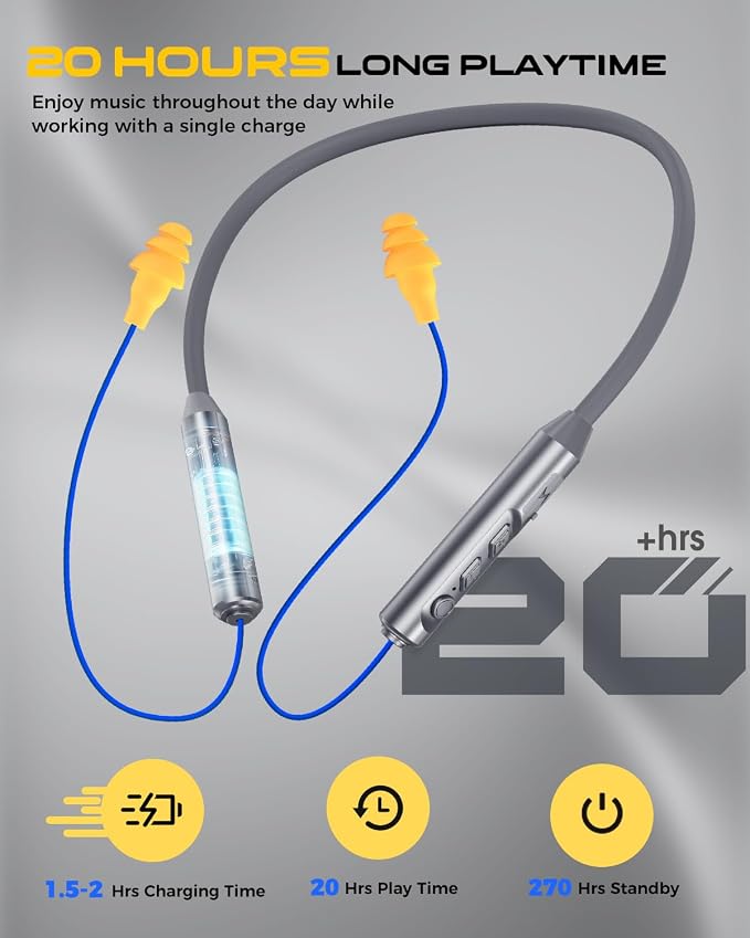 MIPEACE Bluetooth Earplug Headphones, Neckband Wireless Earbuds earplugs-29db Noise Reduction isolating in-Ear earplug Earphones with Controls,IPX5 sweatproof,19+Hour Battery(Gray)