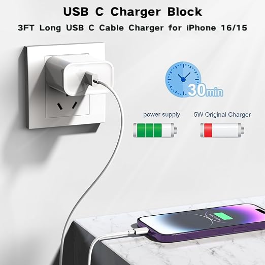 Fast Charger for iPhone 17/16 Charger,2 Pack USB C Wall Charging Block with 3FT USB-C to C Fast Charging Cable Cord PD Type-C Apple Adapter for iPhone 17/17 Pro/16/16e/16 Pro Max/15/iPad Pro/Air/Mini