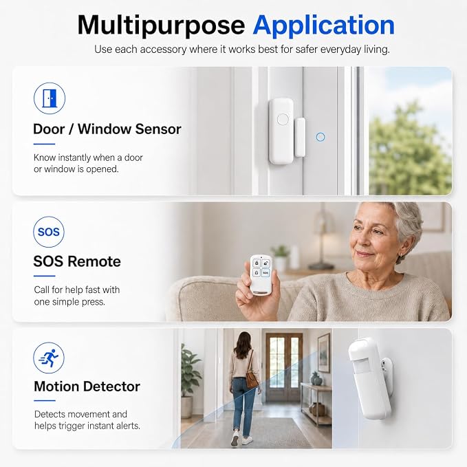 Wireless Home Security System for House & Apartment, 8-Piece DIY Alarm Kit with WiFi & 4G, No Monthly Fees, App Alerts, Door Window Sensors, Motion Detector & Remote Controls