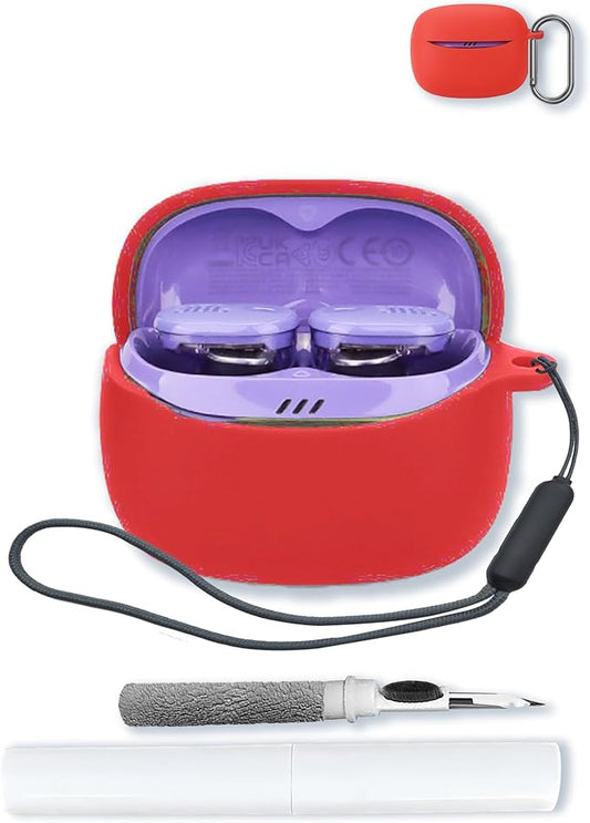 Case for JBL Tune Buds 2 - True Wireless Noise Cancelling Earbuds,Soft Protective,Shockproof, BOVUGAC Silicone Case Cover with Keychain & Cleaning Kit & Lanyard-Red
