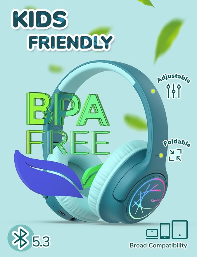 iClever Kids Bluetooth Headphones with LED Lights, BTH18 Safe Volume 74/85dBA, 43H Playtime, Bluetooth5.3 Kids Headphones Wireless Aux Cord for iPad/Tablet/Travel/School, Green
