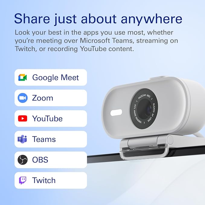 Elgato Facecam Neo – Full HD 1080 Pixels Webcam with Easy-Slide Privacy Shutter, Light Correction, for Video Calls, Streaming, Zoom/Slack/Twitch/YouTube, and More – USB-C/Plug & Play on PC/Laptop/Mac