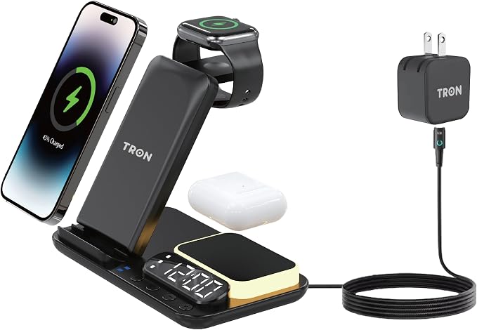 Tron 7-in-1 Wireless Charging Station with Clock, 25W Adapter, Night Light, iPhone/Watch/Earbuds Compatible, for Travel, Home, Office, and Bedroom – TR42