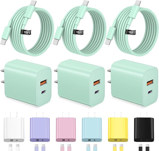 iPhone 17 16 15 Charger Fast Charging USB C Charger Block Type C Chargers Charging Block with 3 Pack 10FT Cable for iPhone 17/17 Plus/17 Pro Max/16/16 Plus/16 Pro Max/15 Pro Max/iPad Pro(Green)