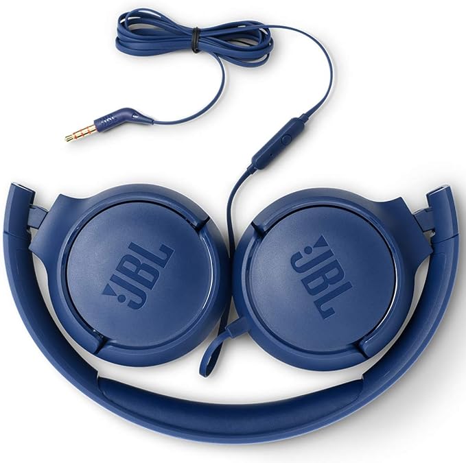 JBL Tune 500 - Wired on-ear headphones, JBL Pure Bass Sound, 1-button remote/mic, Tangle-free flat cable, Lightweight and foldable design, Ask Siri or Google Now (Blue)