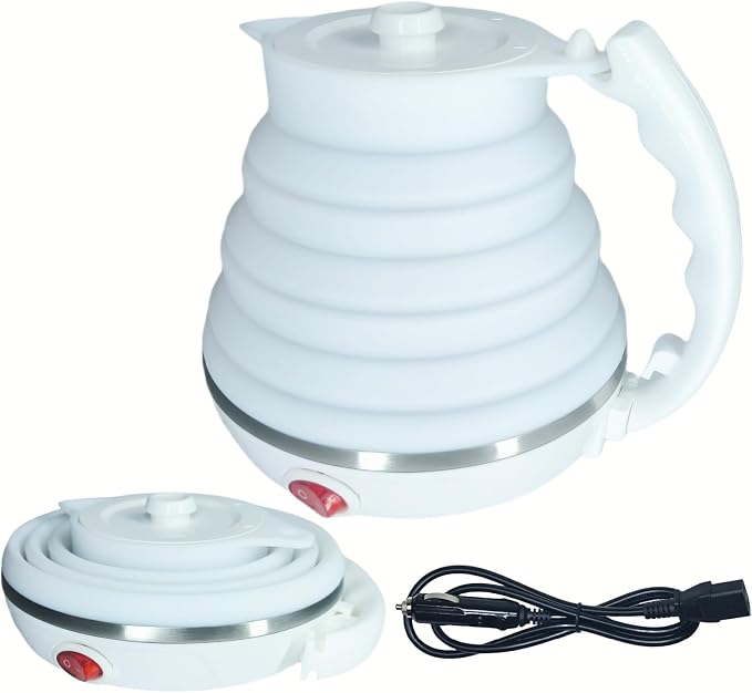 24V Kettle with Cigarette Lighter Plug, Truck Kettle Collapsible, Truck water Boiler, Food Grade Silicone, Fast Boiling, Auto Shut off and Keep Warm, 450ml (24V, White)