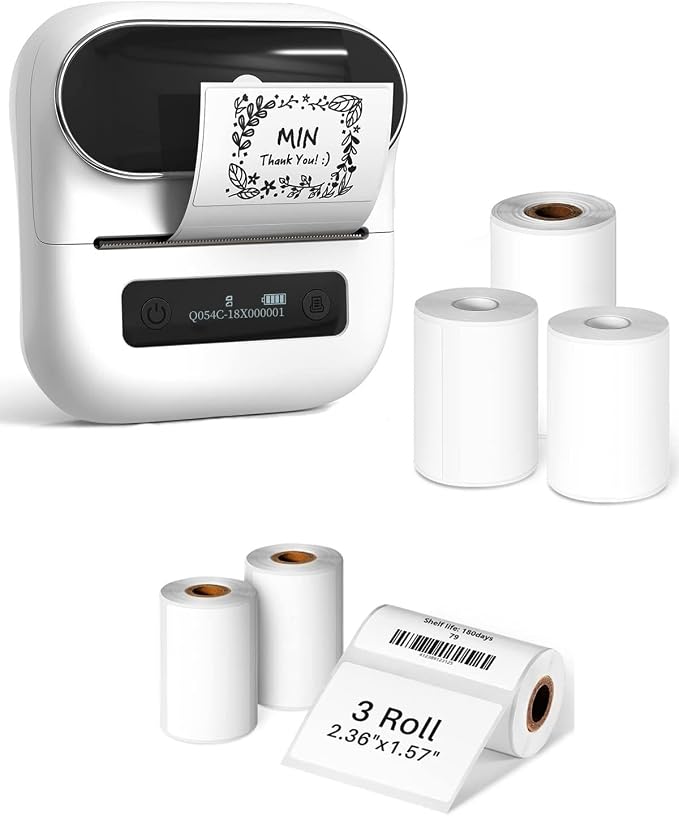 Phomemo M220 Label Maker White+ with 6 Roll Label, 3.14 Inch Bluetooth Thermal Label Printer for Barcode, Address, Labeling, Mailing, File Folder Label, Easy to Use, Support Smartphone, Tablet&PC