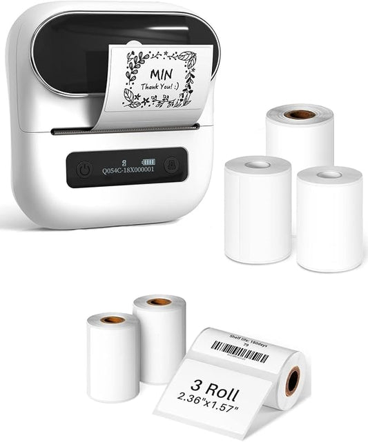 Phomemo M220 Label Maker White+ with 6 Roll Label, 3.14 Inch Bluetooth Thermal Label Printer for Barcode, Address, Labeling, Mailing, File Folder Label, Easy to Use, Support Smartphone, Tablet&PC