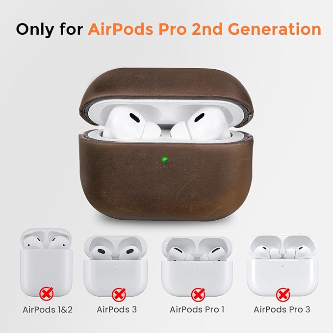 for AirPods Pro 2 Case Crazy Horse Leather, Handcrafted Vintage Genuine Leather Shockproof Protective Cover Accessories with Lanyard Compatible with AirPods Pro 2nd/1st Generation