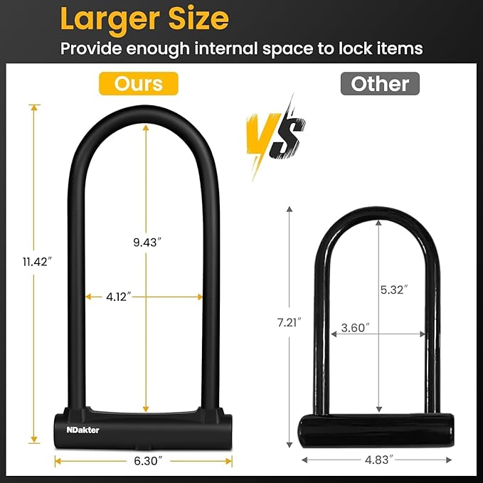 NDakter Bike Locks, 17mm Heavy Duty Anti Theft, Bike U Lock with 4FT Chain and Bracket, Electric Bicycle Lock for Scooter, 3 Keys Motorcycle Wheel Lock for Ebike, Moped, Tricycle