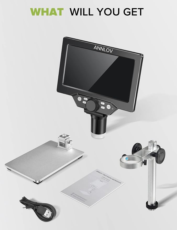 7" LCD Digital Microscope ANNLOV 1200X Maginfication 1080P Coin Microscope with Metal Stand,12MP Ultra-Precise Focusing Video Camera for Adults,8 LED Fill Lights Windows/Mac Compatible