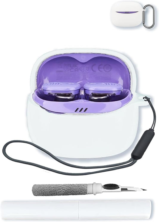 Case for JBL Tune Buds 2 - True Wireless Noise Cancelling Earbuds,Soft Protective,Shockproof, BOVUGAC Silicone Case Cover with Keychain & Cleaning Kit & Lanyard-White