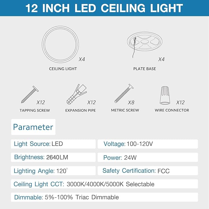 12 Inch Dimmable LED Flush Mount Ceiling Light 2 Pack, 24W 2640LM, Low Profile Ceiling Light with 3 CCT (3000K/4000K/5000K), 5%-100% Dimming for Bedroom, Basement & Closets, White