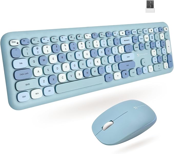 X9 Cute Wireless Keyboard and Mouse Combo - Retro Typewriter Keyboard and Mouse with Round Bubble Keys, 110 Keys and 18 Shortcuts Keyboard - Colorful Blue Keyboard Mouse Combo for PC Computer, Laptop