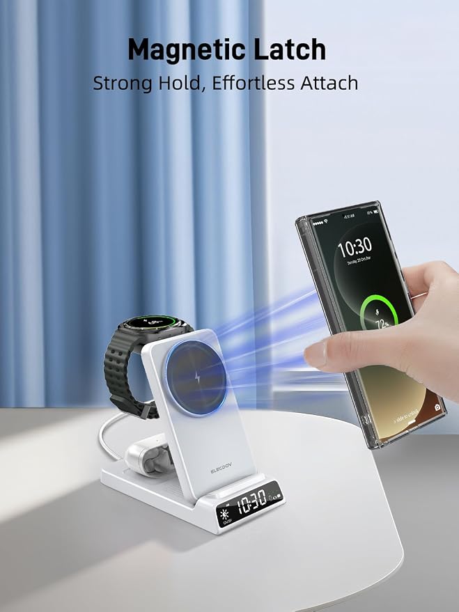 Magnetic Wireless Charger for Samsung, 3 in 1 Android Charging Station for Galaxy S26 Ultra/S25 Ultra/Z Fold/Flip, Galaxy Watch 8/8 Classic/Ultra, Buds 4, Nightstand Bedside Stand (with Adapter)