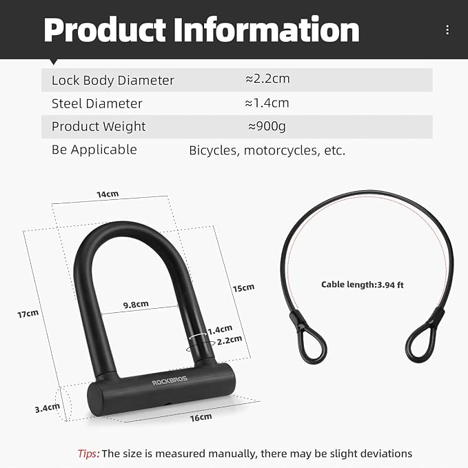 ROCKBROS U Lock Bike U Lock with Cable Heavy Duty Anti Theft Bike Lock U-Lock 4 ft Cable Mounting Bracket for Bikes eBikes Motorcycles Scooters