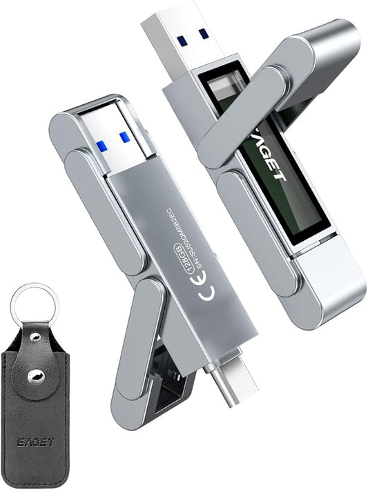 EAGET 128GB Flash Drive, USB-C Dual-Port Solid State Drive with USB 3.2, 560MB/s High-Speed Thumb Drive for iPhone 15/16/17 Pro, Android, Mac, PC, PS5 – Durable Metal Body & Portable SSD