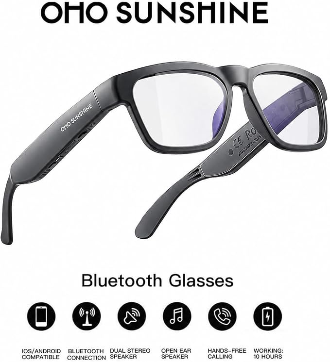 OhO sunshine Bluetooth Audio Sunglasses, Lightweight Open Ear Sport Glasses, 10H Playtime, UV400 ANSI Z87.1, Water Resistant with Voice Control