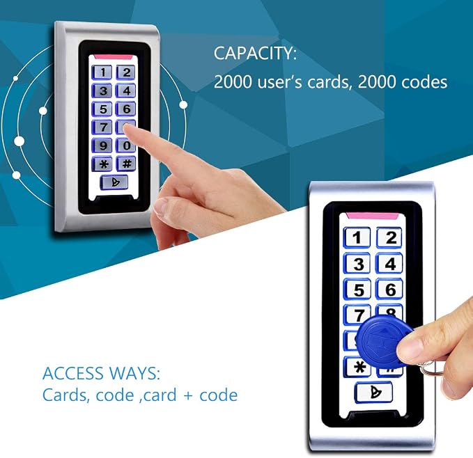 Door Access Control System Stand-Alone Password Keypad + 5PCS Proximity Keychains, Support 2000 Users Card Reader, Weatherproof, Backlight, Zinc Alloy Metal Case, for Garage Door, Gate Opener
