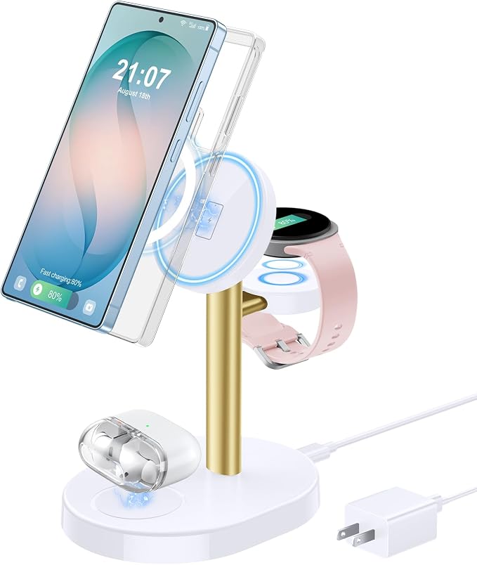 Hevanto 2026 3 in 1 Wireless Charger for Samsung Galaxy, 15W Magnetic Super Fast Charging Station for Samsung Galaxy S26 S25 S24 Ultra S23 Z Fold Flip Watch 8 7 Buds 4 3 2 Series, GoldBWhite