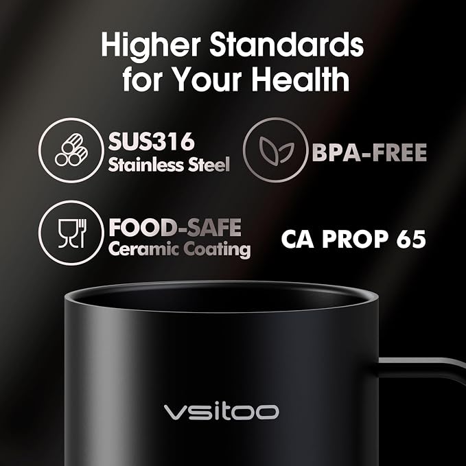 VSITOO S3 Pro 16oz Smart Self Heating Coffee Mug, Heated Coffee Mug with AI Auto-Sensing Temperature Control, 120-150℉ Rechargeable Smart Mug Warmer, IPX7 Waterproof, Gift for Men Women, Black
