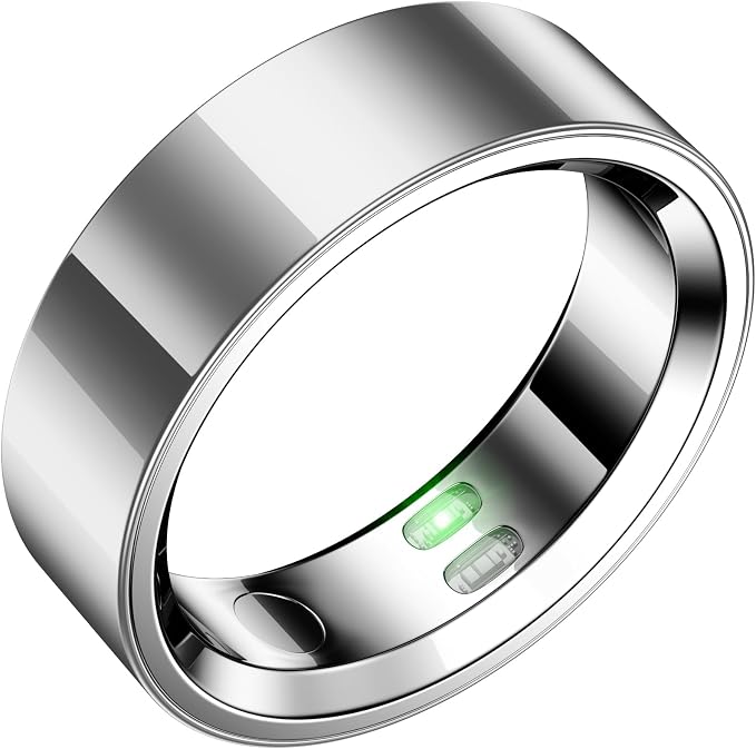 RQZ Smart Ring Fitness Tracker for Men Women, Sleep & Heart Rate Monitor, Step Counter with Vibration Alert, 5 ATM Waterproof, Compatible with iOS & Android Silver Size 12