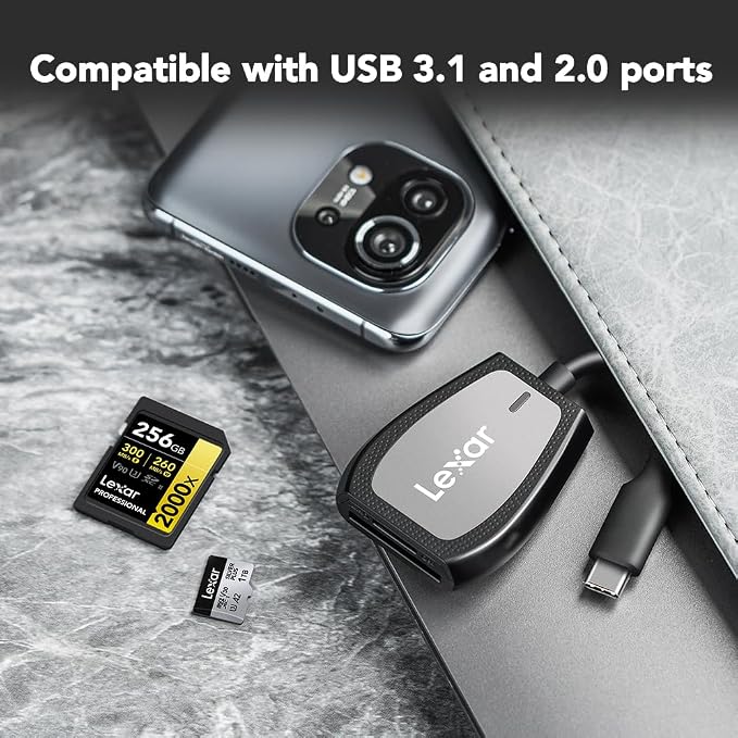 Lexar Professional USB 3.2 Type-C Dual-Slot Reader, Supports SD and microSD UHS-II Cards, Up To 312MB/s Read (LRW470U-RNHNU)