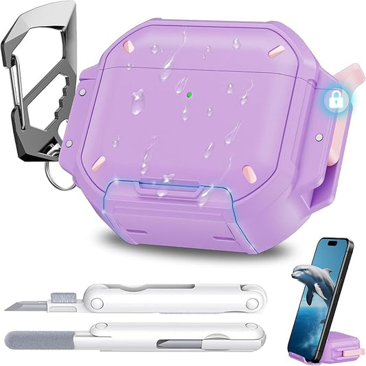 for AirPods 4 Case Waterproof[IP68 Underwater][Full Heavy Duty Protection][Supports Wireless Charging] Anti-Scratch Hard Shell Cover for AirPods 4rd Gen Cleaner Kit&Carabiner (Purple)