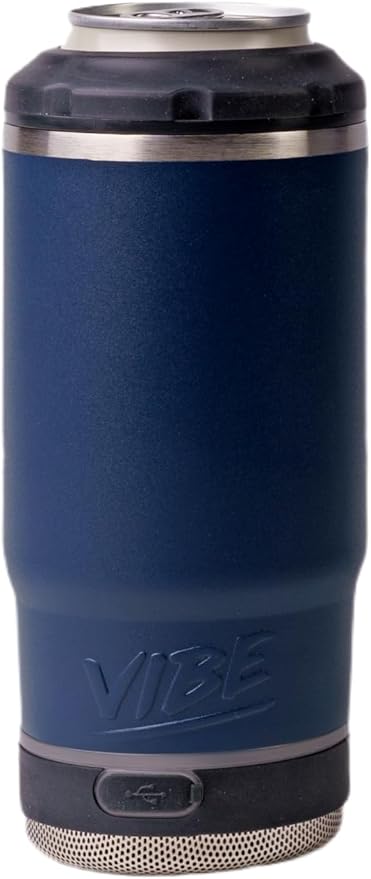 Vibe 4 In 1 Bluetooth Speaker Cup, Insulated Can and Bottle Holder for Hot or Cold Drinks, Double Wall Stainless Steel Drinkware, Fits 12 oz Cans or 14 oz Liquid, Navy Blue