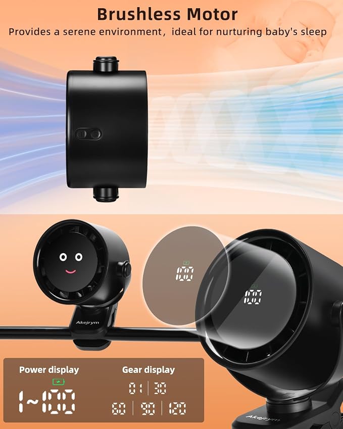 Akejrym Clip on Fan for Bed, Portable Fan for Travel, 360° Rotate Battery Operated Personal Fan, Digital display, stroller fan with 5 Speeds, For Home Office Stroller Camping - Black